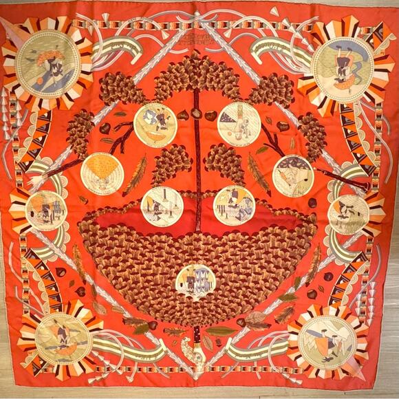 Hermes, silk scarf. The theme is the magic umbrella, coral colorway w/vignettes. - Picture 13 of 15